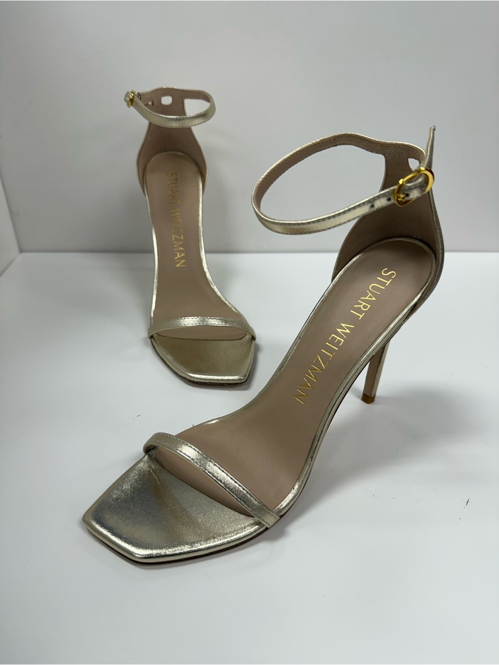 Stuart Weitzman Nudist Leather Ankle-Strap Sandals in Liquid Metallic